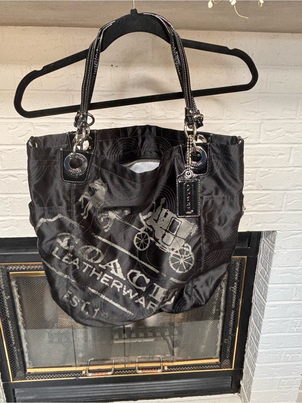 Coach Black Logo Tote with Patent-Look Handles